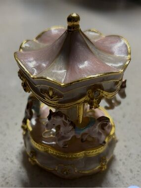 Pink Porcelain Carousel Trinket Box with Gold Accents